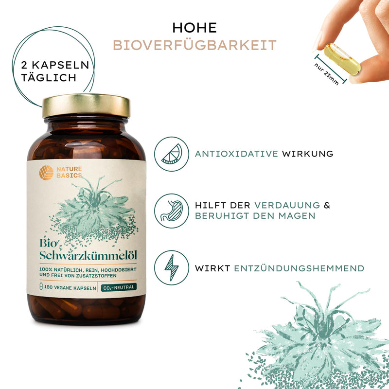 Organic black cumin oil - 180 high-dose capsules / 500 mg high-quality organic black cumin oil & 250 mg linoleic acid per capsule / Vegan, certified & sustainable in a glass - NewNest Australia