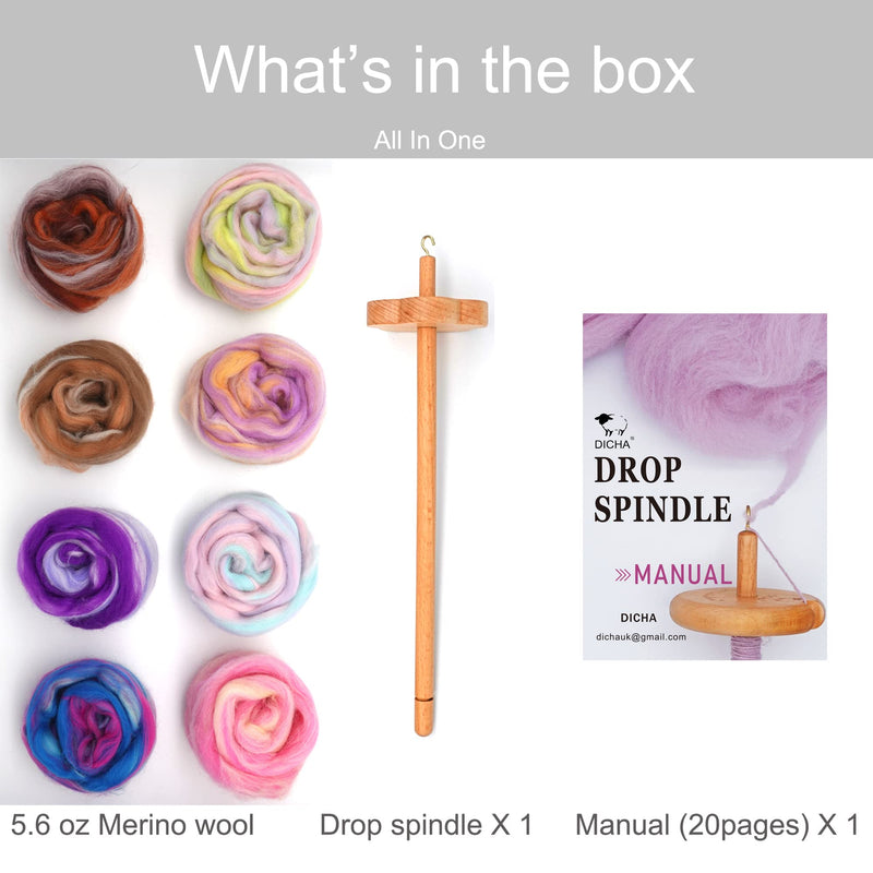 DICHA 3" Flower Shaped Drop Spindle Kit- High Low Whorl Wooden Spindles with 5.6 Oz Merino Wool/Top and Instructions-Weaving Spinning Wheels for Beginners-All in A Gift Box-Perfect Spinner Gifts（MC） Flower Whorl (blend wool) - NewNest Australia