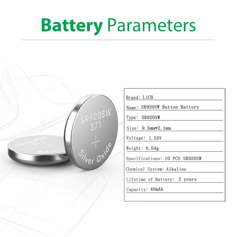 LiCB 10 Pack 371 SR920SW Watch Battery,Long-Lasting & Leak-Proof,High Capacity Silver Oxide 1.55V Button Cell Batteries for Watch - NewNest Australia