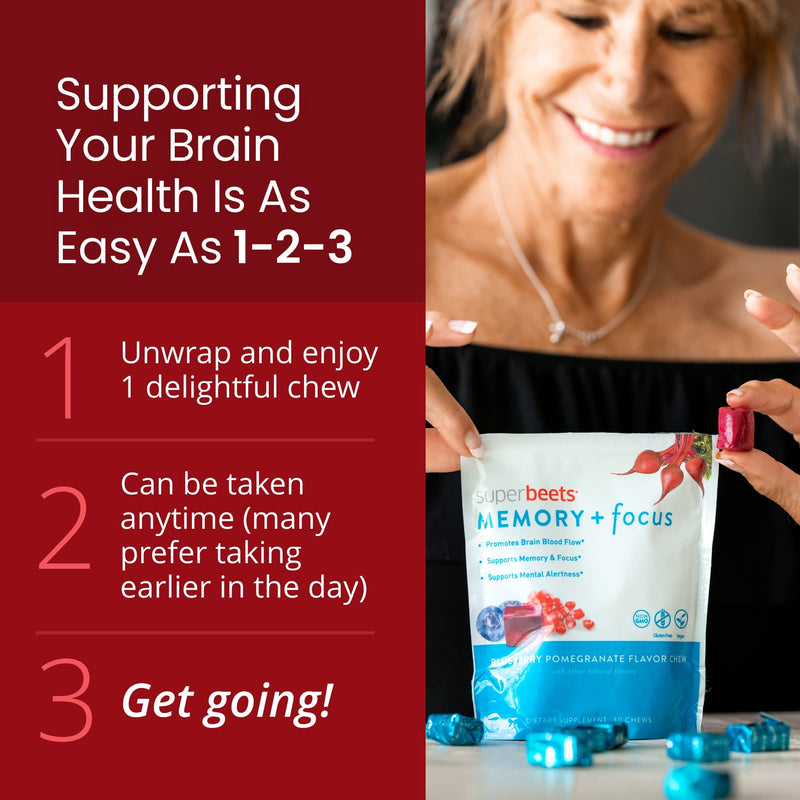 HumanN SuperBeets Memory + Focus Chews - Helps Support Brain Health & Alertness - SuperBeets Nootropic Supplement with Resveratrol & Beet Root Powder, Blueberry Pomegranate Flavor, 30 Soft Chews - NewNest Australia