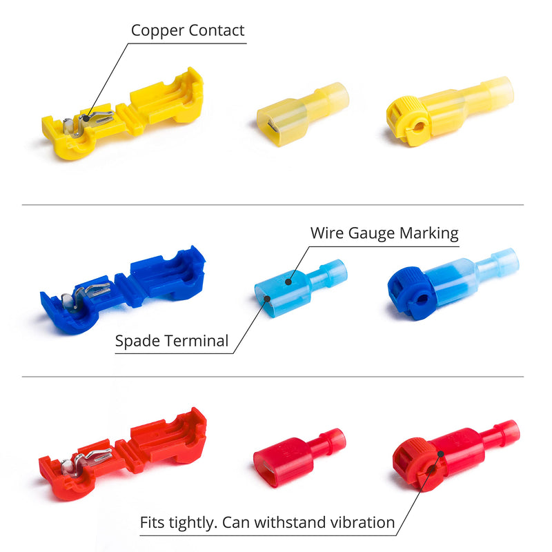 Wirefy T Tap Wire Connectors Kit - Electrical Connectors Kit - Spade Terminals - Quick Splice Disconnect Wire Taps - (120 PCS 22-10 AWG) Kit - 22-10 AWG - NewNest Australia