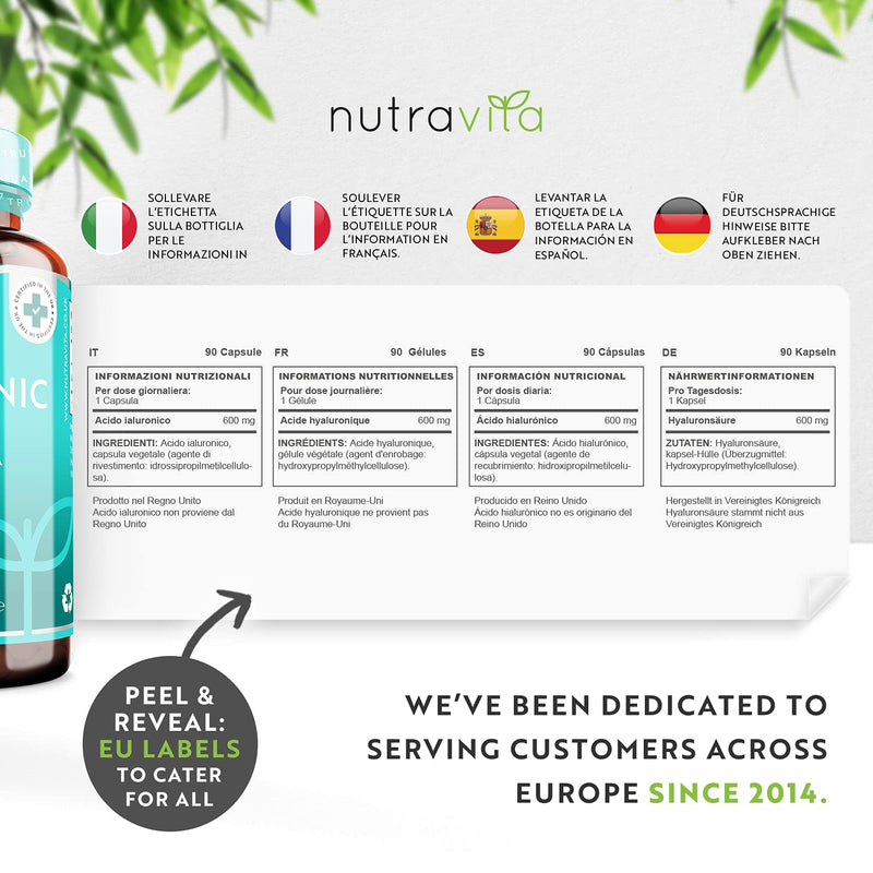 Hyaluronic Acid Capsules - 3 Month Supply of 600mg Hyaluronic Acid Capsules - High Dose with 500-700 KDA - GMO Free with No Synthetic Fillers or Binders - Made in The UK by Nutravita 90 Capsules - NewNest Australia