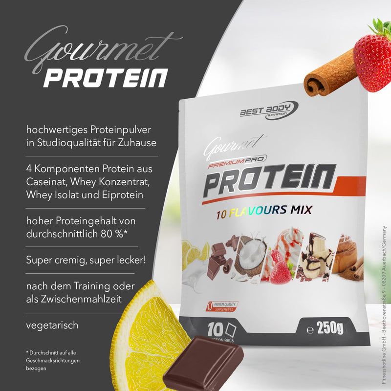 Best Body Nutrition Gourmet Premium Pro Protein, Mix Bag, 4 Component Protein Shake: Caseinate, Whey Concentrate, Whey Isolate, Egg Protein, 10 X 25 G Portion Bags (250 G) - NewNest Australia