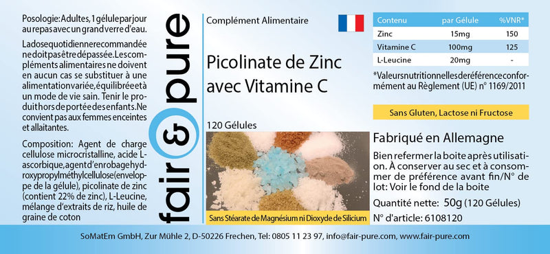 Fair & Pure® - zinc picolinate 15mg elemental zinc and 100mg vitamin C - vegan - without magnesium stearate - 120 vegan zinc capsules - NewNest Australia
