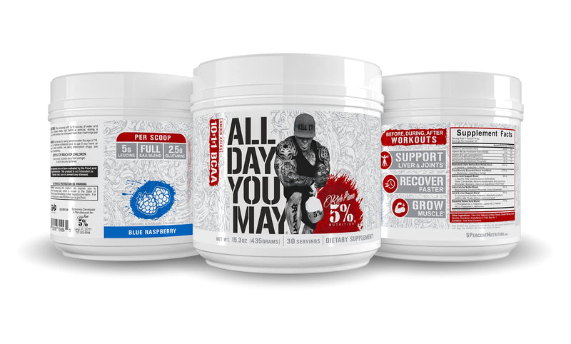 Rich Piana 5% Nutrition AllDayYouMay BCAA Powder | Premium Intra & Post Workout Amino Acids, EAAs, Electrolytes | Hydration, Endurance, Recovery | Vegan & Keto | 16.4 oz, 30 Srvgs (Blue Raspberry) Blue Raspberry - NewNest Australia