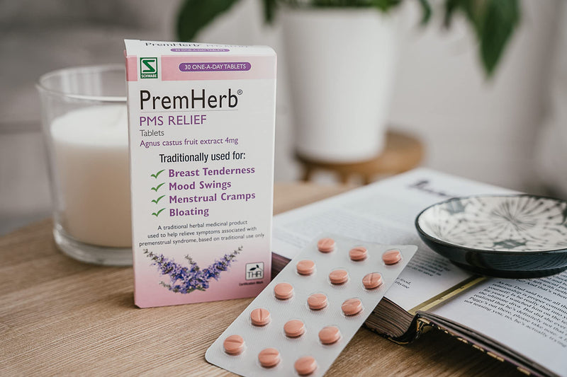 Schwabe Pharma - Premherb PMS Relief - Agnus Castus Fruit Extract 4mg - Traditionally Used for Relief of Breast Tenderness, Mood Swings, Menstrual Cramps, Bloating - 30 Tablets - NewNest Australia