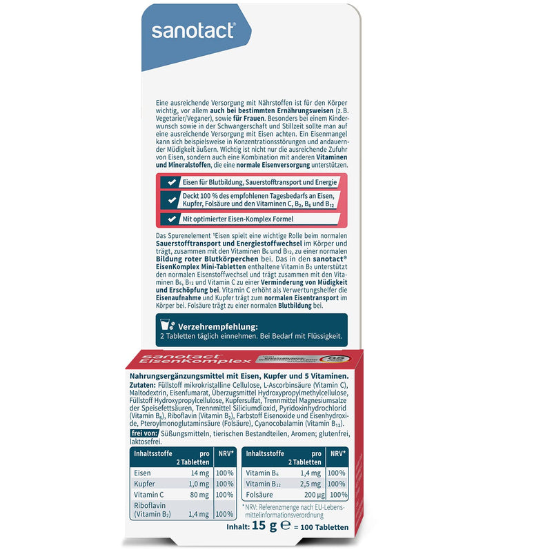 sanotact iron complex mini tablets • 100 mini iron tablets vegan • With high doses of iron, copper, folic acid, vitamin C, B2, B6, B12 • Immediate effect for iron deficiency 50 portions (pack of 100) - NewNest Australia