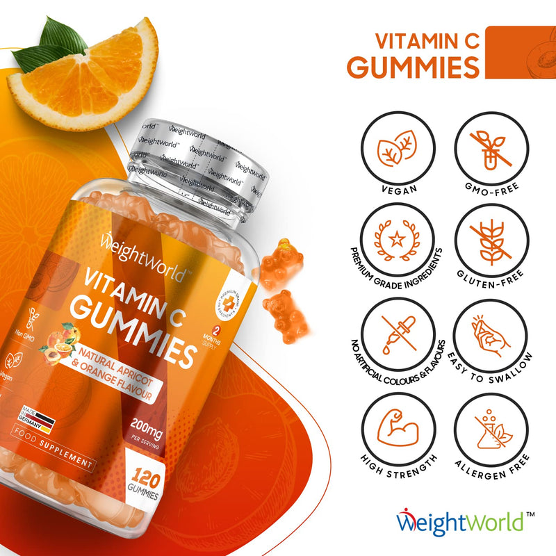 Vitamin C Gummies Adults & Kids (5+ Years) - 120 Vegan Chewable Gummies - Natural Apricot & Orange Flavour - 2 Month Supply - Vitamin C Supplement for Immune Health - Gluten, Allergen & GMO Free - NewNest Australia