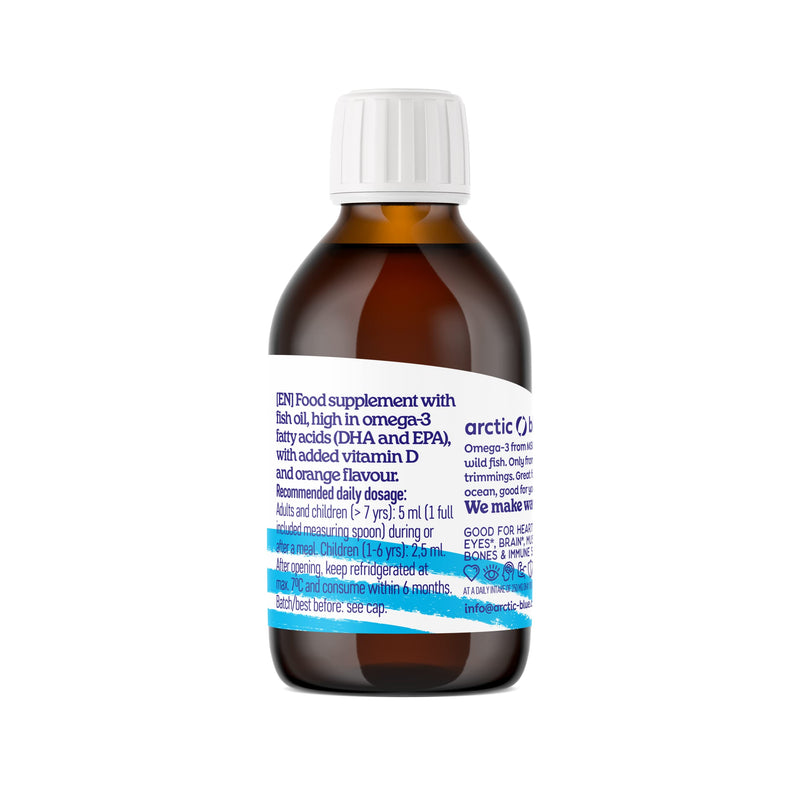Arctic Blue Omega 3 fish oil - 150 ml liquid - high dose with DHA, EPA and vitamin D - without burping or fishy smell - arctic fish oil - MSC certified - orange flavor - NewNest Australia