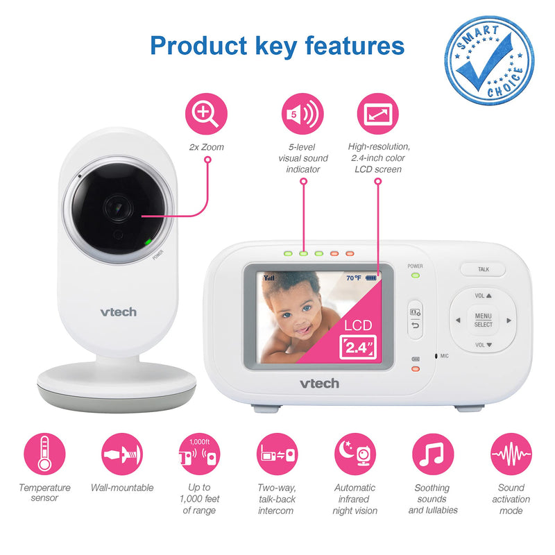 VTech VM320 Video Baby Temperature Monitor, Invisible Night Vision, Soothing Sounds, 2-Way Talk Intercom, Secured Transmission, 2.4" Color LCD Screen with Fixed Camera, Smart Choice Product 2.4" screen - NewNest Australia