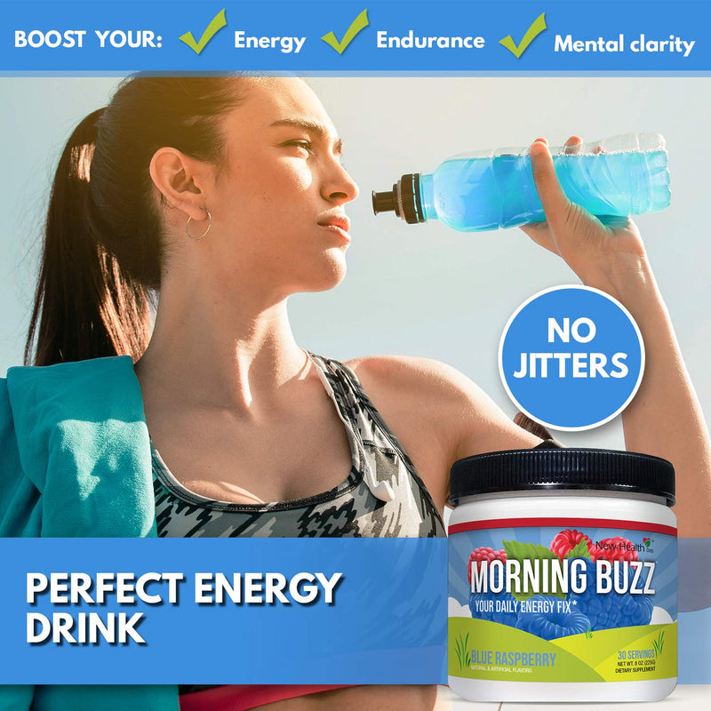 Morning Buzz Sports Energy Drink Mix by New Health, Pre Workout, Sports Nutrition Drink, Supports Lasting Energy, Endurance, Mental Clarity, and Metabolism, 8 Ounce Powder, 30 Servings(Blue Raspberry) Blue Raspberry - NewNest Australia