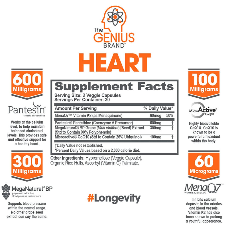 Genius Heart & Cardiovascular Health Supplement – Cholesterol Lowering Vein & Blood Pressure Support w/ Grape Seed Extract, Vitamin K2 MK7 & CoQ10 – Antioxidant Energy for Men & Women,60 Veggie Pills - NewNest Australia