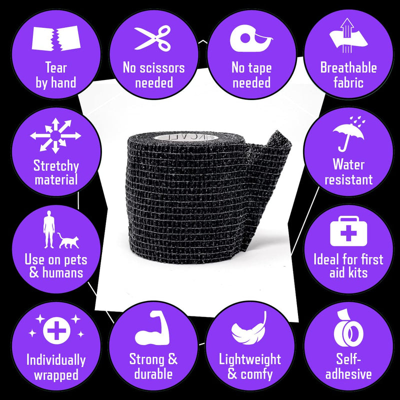 Inksafe Black Self Adherent Cohesive Bandages 5cm x 4.5m Box of 12 - Uses Include Tattoo Grip Wrap, Vet Wrap, Tape for Wrist and Ankle Sprains 12 Count (Pack of 1) - NewNest Australia