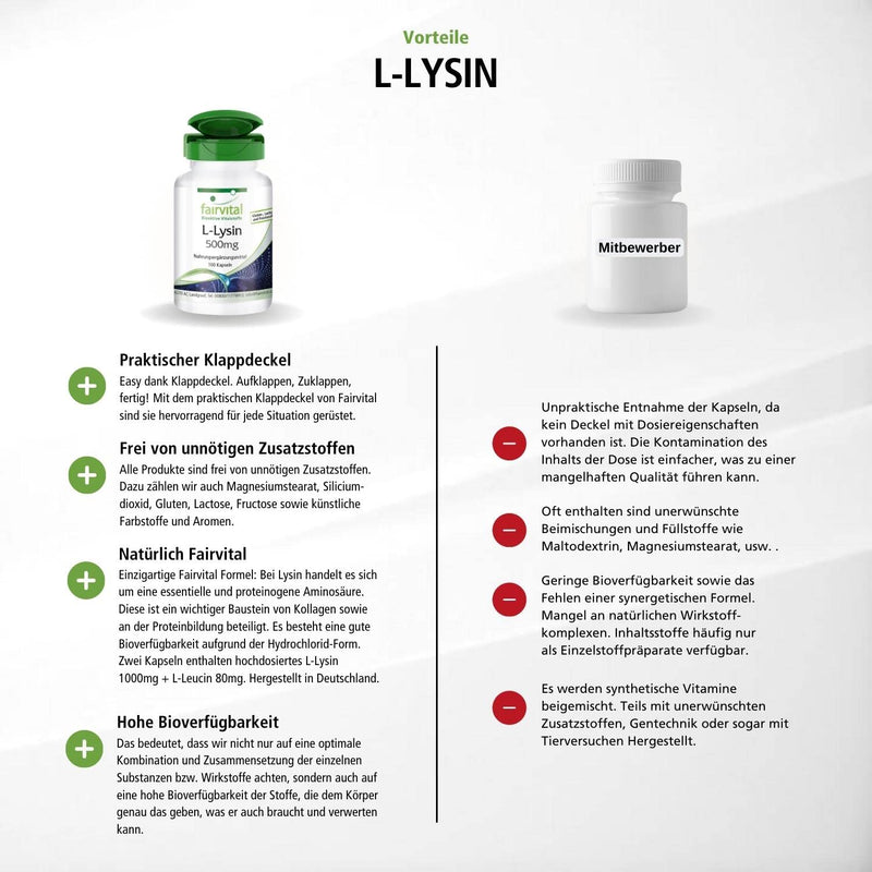Fairvital | L-Lysine 500mg capsules - HIGH DOSE - Essential amino acid - Lysine HCL - 100 capsules - NewNest Australia
