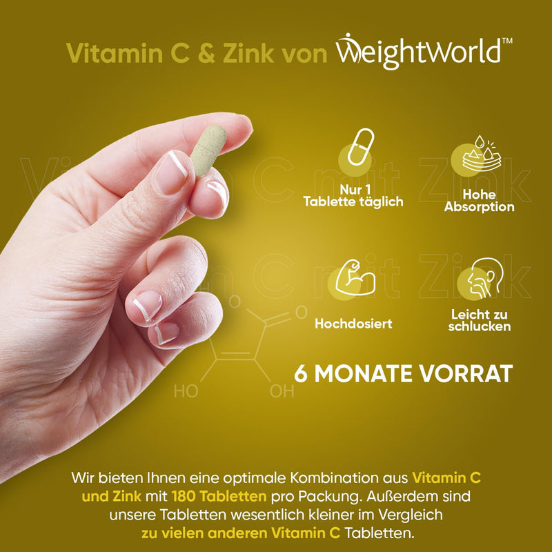 Vitamin C with Zinc Tablets - 1000mg - 6 Month Supply - For Immune System, Energy, Bones, Skin & Metabolism (EFSA) - 180 Vegan Tablets - Alternative to Capsules & Powder - Vit C from WeightWorld Vitamin C with Zinc - NewNest Australia