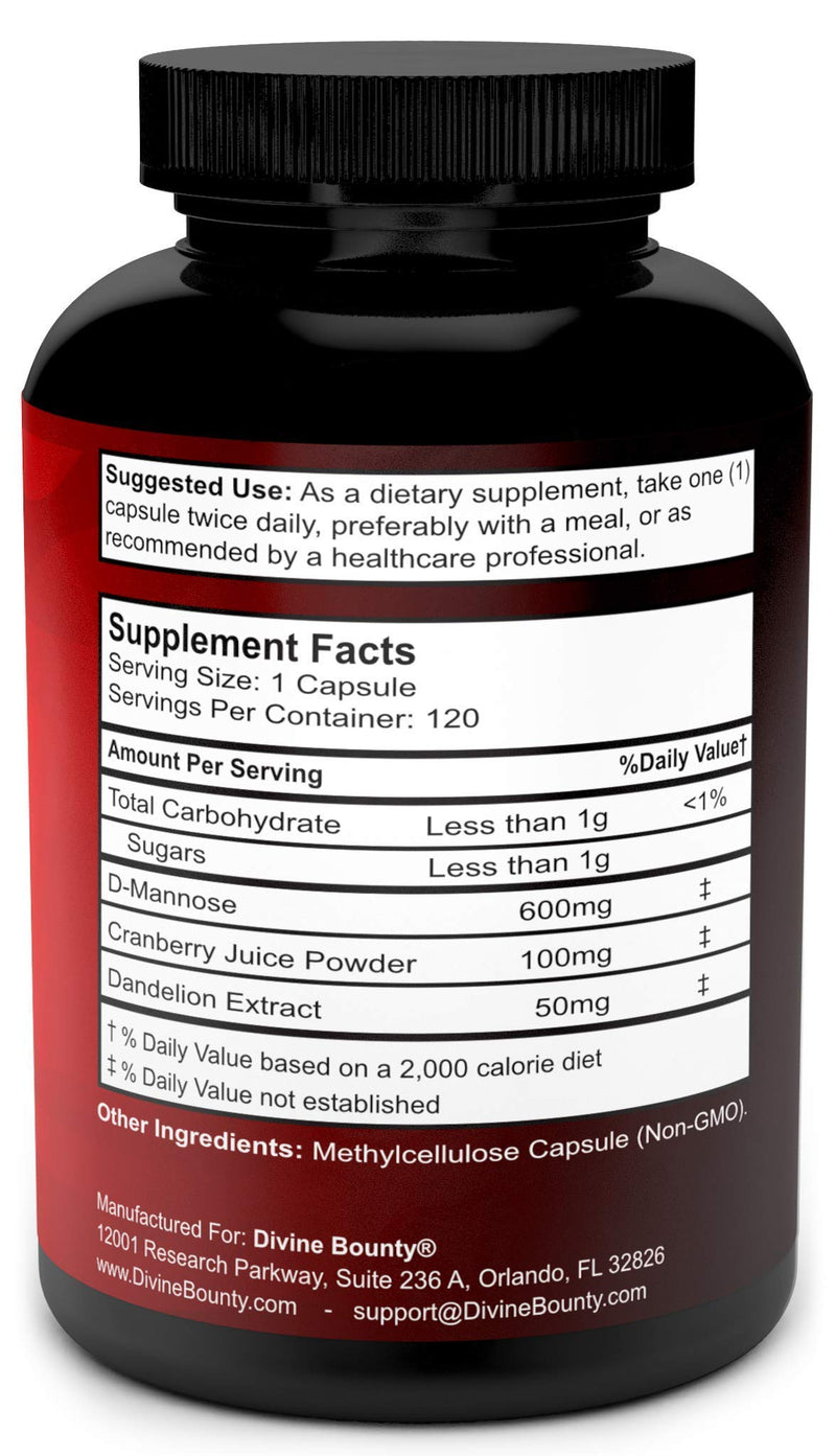 D-Mannose Capsules - 600mg D Mannose Powder per Capsule with Cranberry and Dandelion Extract to Support Normal Urinary Tract Health - 120 Veggie Capsules - NewNest Australia