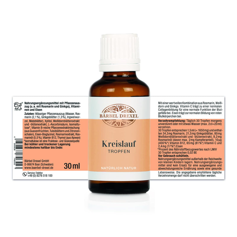B√Ñrbel Drexel Vegetable Circular Drops, Dzziness Feeling As A Low Blood Pressure (30 Ml) 100% Vegan Made Germany Ginkgo + Rosemary + Hawthorn, Heart Circulation Drops, Alcohol-Free - NewNest Australia