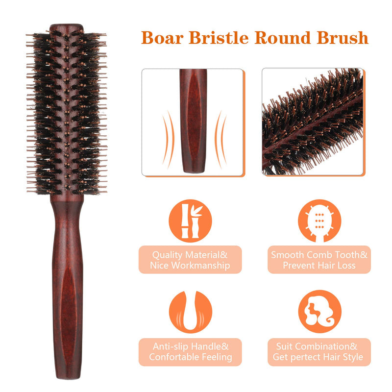 Firtink 1 Pack Boar Bristle Round Brush Round Hair Brush, Wooden Handle Styling Brush Anti Static Quiff Roller Hair Comb for Men and Women, Straightening and Curling, Wet and Dry Hair - NewNest Australia