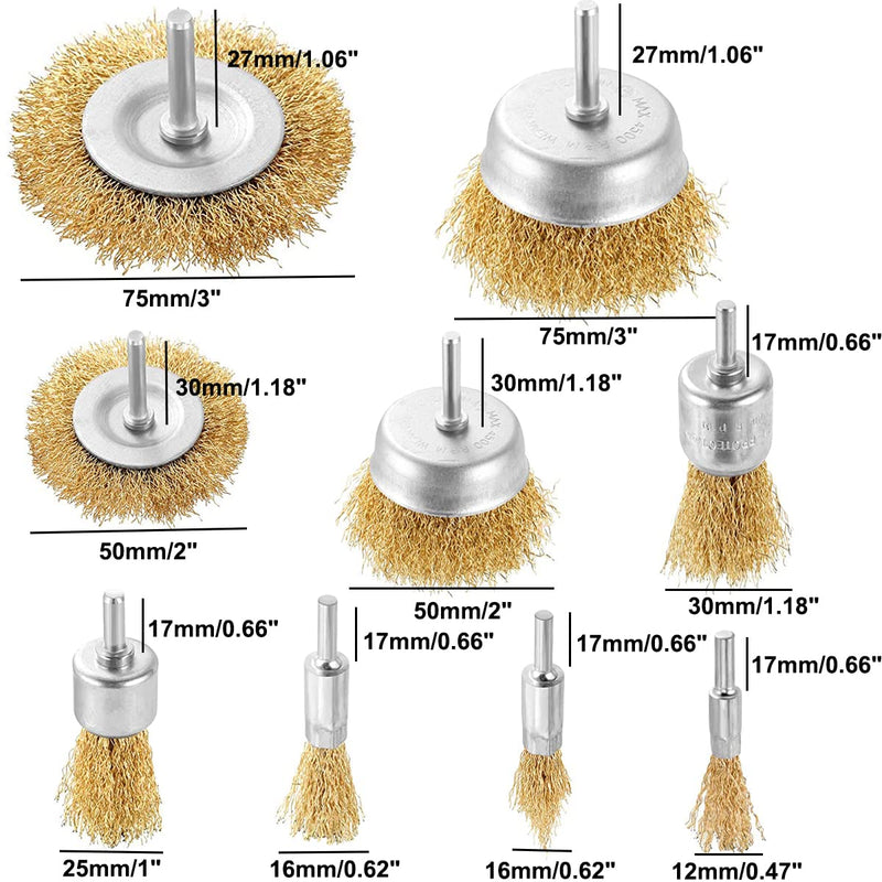 Wire Brush Wheel Steel Cup Brush Set 9 Piece Wire Power Brush for Drill 1/4 Inch Shank Arbor 0.012" Coarse Carbon Crimped Wire Wheel for Cleaning Rust,Stripping,Abrasive and Drill Attachment - NewNest Australia