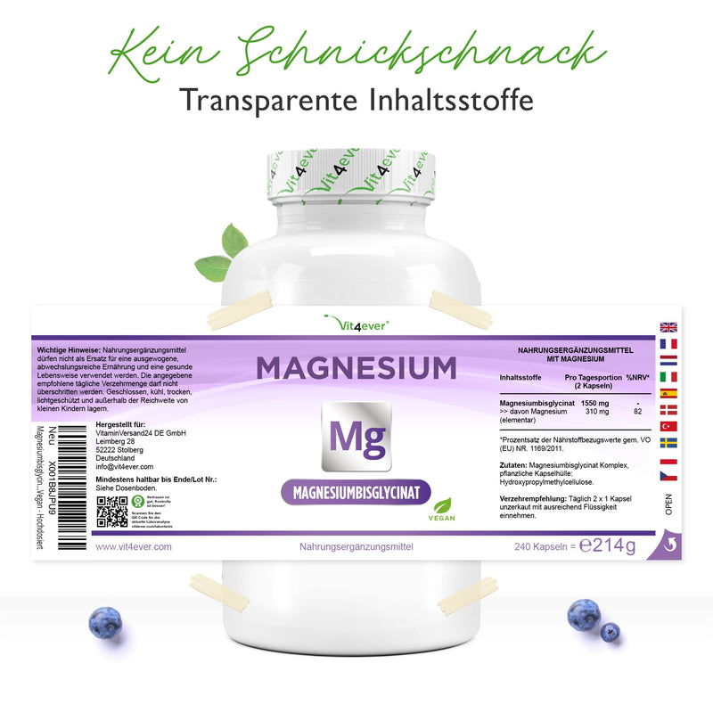 Magnesium bisglycinate - 240 capsules - Premium: Chelated magnesium - 155 mg elemental magnesium per capsule - Laboratory tested - Vegan - High dosage 240 pieces (pack of 1) - NewNest Australia