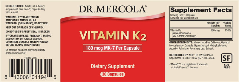 Dr. Mercola Vitamin K-2 180mcg Dietary Supplement, 30 Servings (30 Capsules), Supports Bone and Muscle Strength, Non GMO, Soy Free, Gluten Free 30 Count (Pack of 1) - NewNest Australia