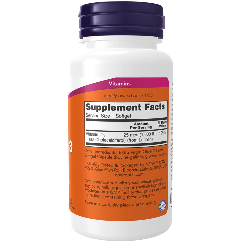 NOW Supplements, Vitamin D-3 1,000 IU, High Potency, Structural Support*, 180 Softgels 180 Count (Pack of 1) - NewNest Australia