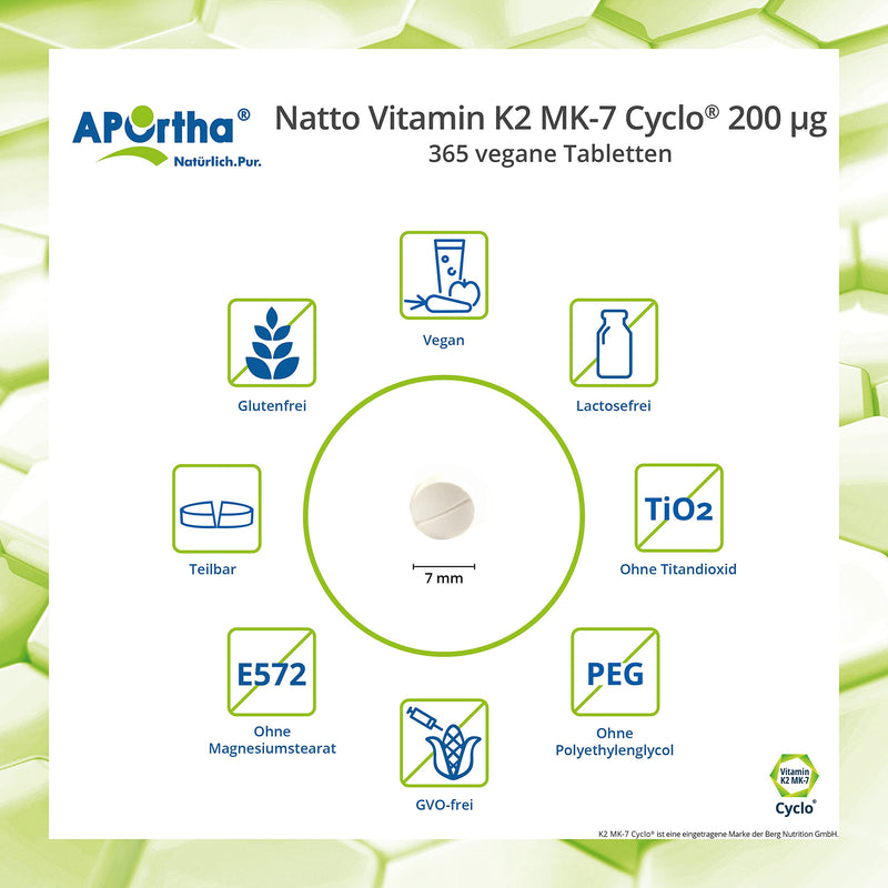 APOrtha Vitamin K2 MK7 200 µg 99+% ALL-Trans, 365 tablets high-dose vegan, high-quality Natto K2 vitamin easy to swallow dietary supplement Vit K2, vitamin K 2 alternative to K2 drops capsules - NewNest Australia