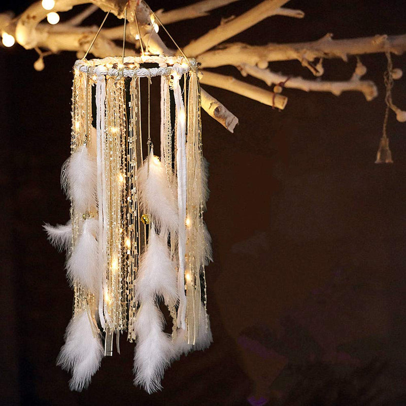 NewNest Australia - Dream Catcher Mobile Large Light Up Dream Catchers with Golden Shining Lace& Bells LED Fairy Lights Battery Powered Hanging Ornaments- 7.9Wx 22L Inches Feathers Wedding Boho Decorations Nursery Decor 