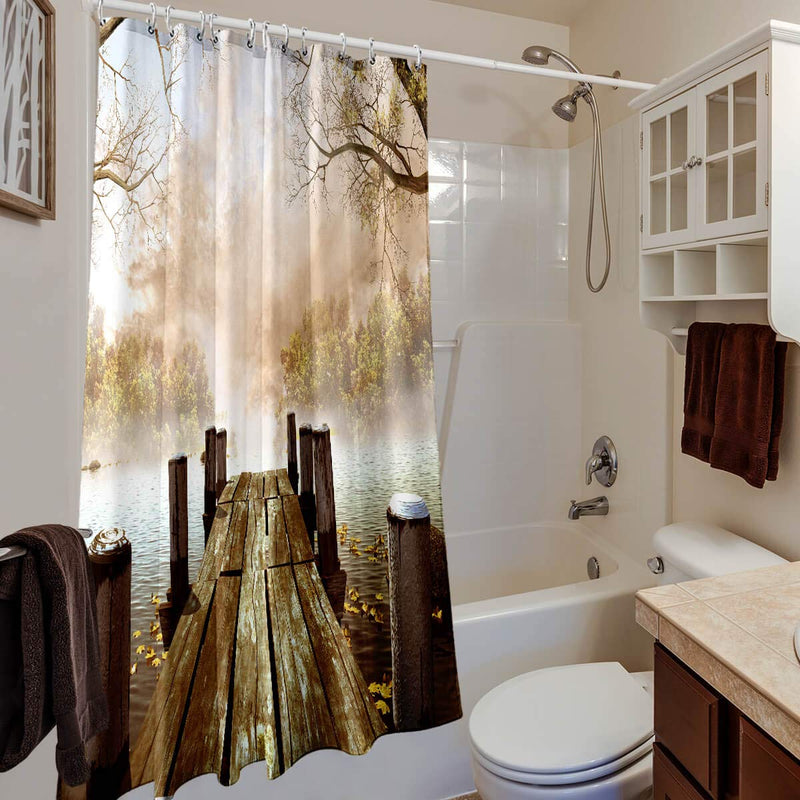 Rustic Cloth Shower Curtain, Fall Foggy Trees Wooden Bridge Lake River Country Scene Bathroom Curtain, Nature Fabric Waterproof Shower Curtain with Hooks, Brown Beige - NewNest Australia