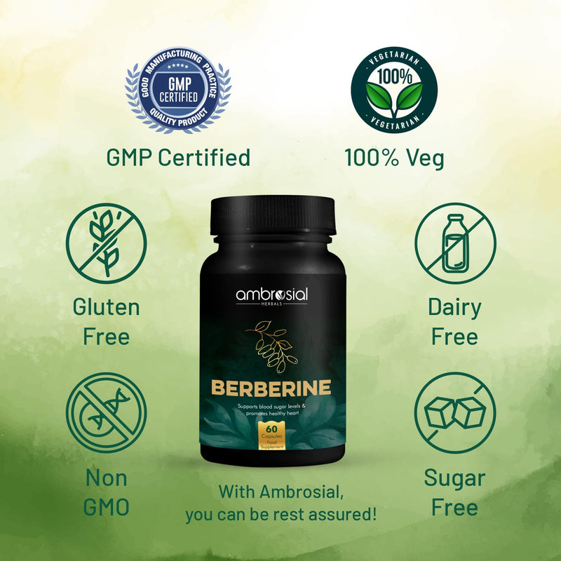 Ambrosial Berberine Hcl 500 Mg Per Capsule | High Strength Berberine Supplement For Healthy Heart Functions | Supports Healthy Blood Sugar Levels (Pack Of 1-60 Capsules) 60 Pieces (Pack Of 1) - NewNest Australia