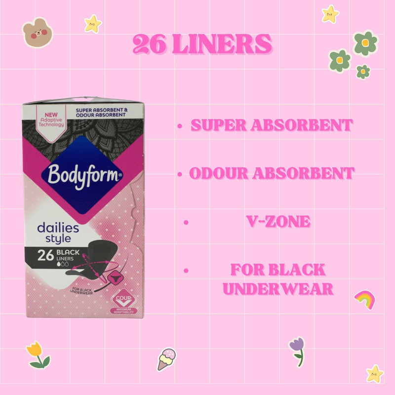 Bodyform Dailies Black Panty Liners for Women (x26) | Pack of 2 (52 Liners) | Specifically Designed for Black Underwear | Super Absorbent & Odour Absorbent | Enhanced with V-Zone Protection - NewNest Australia