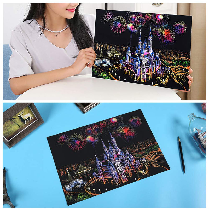 Scratch Painting Kits for Adults & Kids, Craft Art Set, Rainbow Scratch Art Painting Paper, Sketch DIY Night View Scratchboard, 16'' x 11.2'' Creative Gift with 3 Tools kit (Castle / Amusement Park) Castle / Amusement Park - NewNest Australia