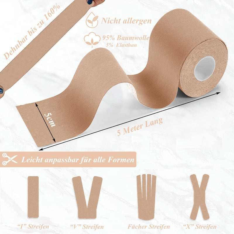 Honyao Kinesiology Tape (5 Mx 5 Cm), Physio Tape For Shoulders, Back, Knee, Elbows And Neck, Sports Tape, Skin-Friendly, Elastic And Waterproof, Skin-Coloured - Pack Of 2 - NewNest Australia
