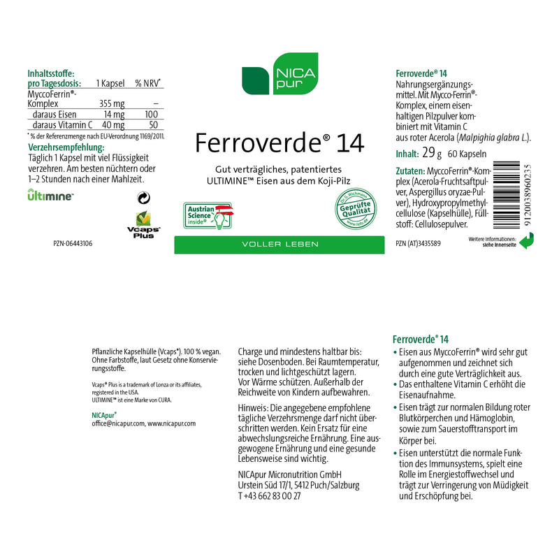 NICApur Ferroverde 14 + natural vitamin C - vegan, made in Austria - NewNest Australia