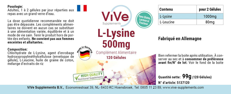 Lysine Capsules - 500mg - 120 Capsules - High Dose - Vegan | Quality from Germany from ViVe Supplements - NewNest Australia
