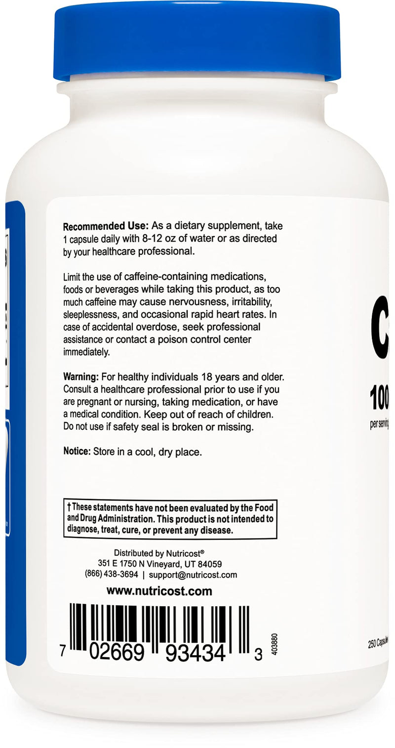Nutricost Caffeine Pills 100mg Per Serving, 250 Capsules 250 Count (Pack of 1) - NewNest Australia