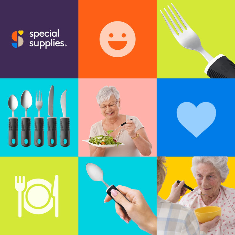 Special Supplies Adaptive Utensils (5-Piece Kitchen Set) Wide, Non-Weighted, Non-Slip Handles for Hand Tremors, Arthritis, Parkinson’s or Elderly use - Stainless Steel Knives, Fork, Spoons - Black - NewNest Australia