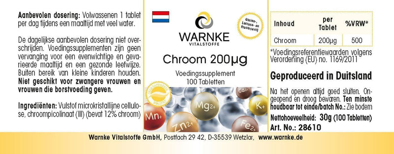 Chromium 200µg - 100 tablets of chromium picolinate for 200 days - German pharmacy quality - dietary supplement - high dosage - vegan | Warnke vital substances - NewNest Australia
