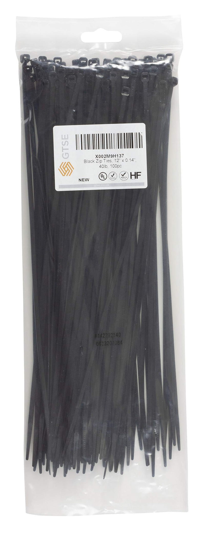 GTSE 12 Inch Black Zip Ties, 100 Pack, 40lb Strength, UV Resistant Long Nylon Cable Ties, Self-Locking 12" Tie Wraps 12" (40lb) - NewNest Australia