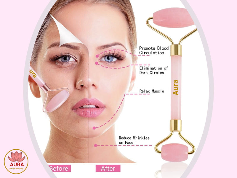 Aura - Live life beautifully Premium Certified Luxury 100% Authentic Rose Quartz Pink Roller & Gua Sha Set for Anti-Aging Skin Care, Muscle Relaxation, Fine Line Reduction, and Eye Puffiness Relief - NewNest Australia