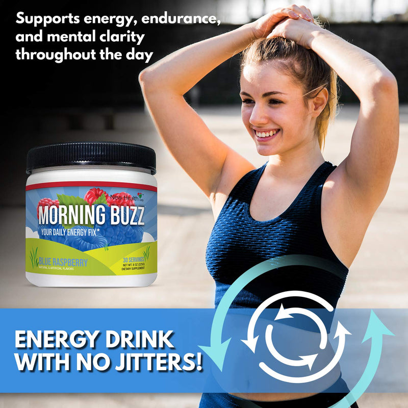 Morning Buzz Sports Energy Drink Mix by New Health, Pre Workout, Sports Nutrition Drink, Supports Lasting Energy, Endurance, Mental Clarity, and Metabolism, 8 Ounce Powder, 30 Servings(Blue Raspberry) Blue Raspberry - NewNest Australia