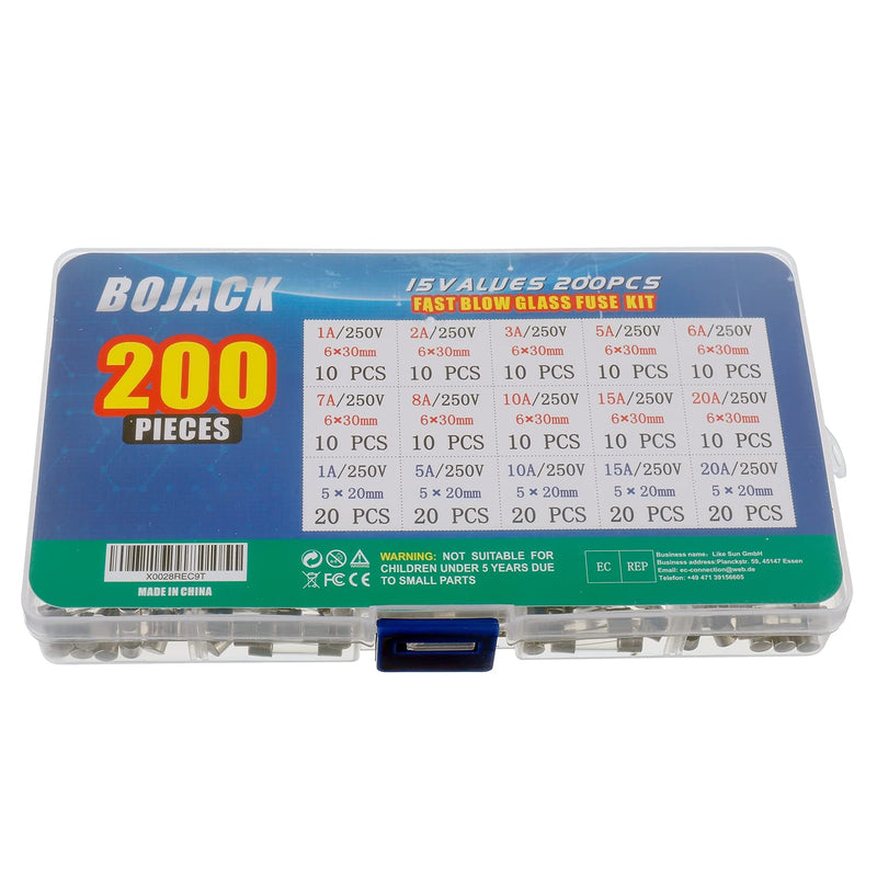 BOJACK 15 Values 200 pcs Fast-Blow Glass Fuses Assortment Kit 5x20mm 250V 1 5 10 15 20A 6x30mm 250V 1 2 3 5 6 7 8 10 15 20A amp packag in a Clear Plastic Box - NewNest Australia