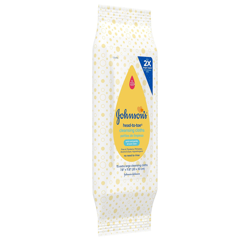 Johnson's Head-to-Toe Gentle Baby Cleansing Cloths, Hypoallergenic and Pre-Moistened Baby Bath Wipes, Free of Parabens, Phthalates, Alcohol, Dyes and Soap, 15 ct Pack of 1 15 Count (Pack of 1) - NewNest Australia
