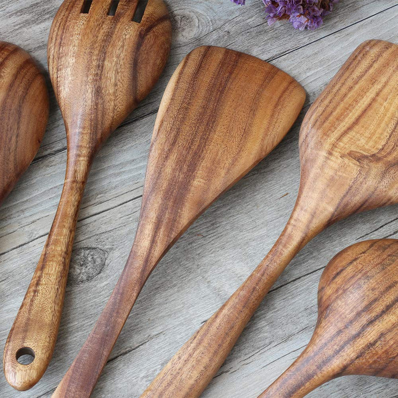 NewNest Australia - Wooden Spoons for Cooking, ADLORYEA Wood Utensils Set for Nonstick Cookware, 100% Handmade by Natural Teak Wood Without Any Painting 