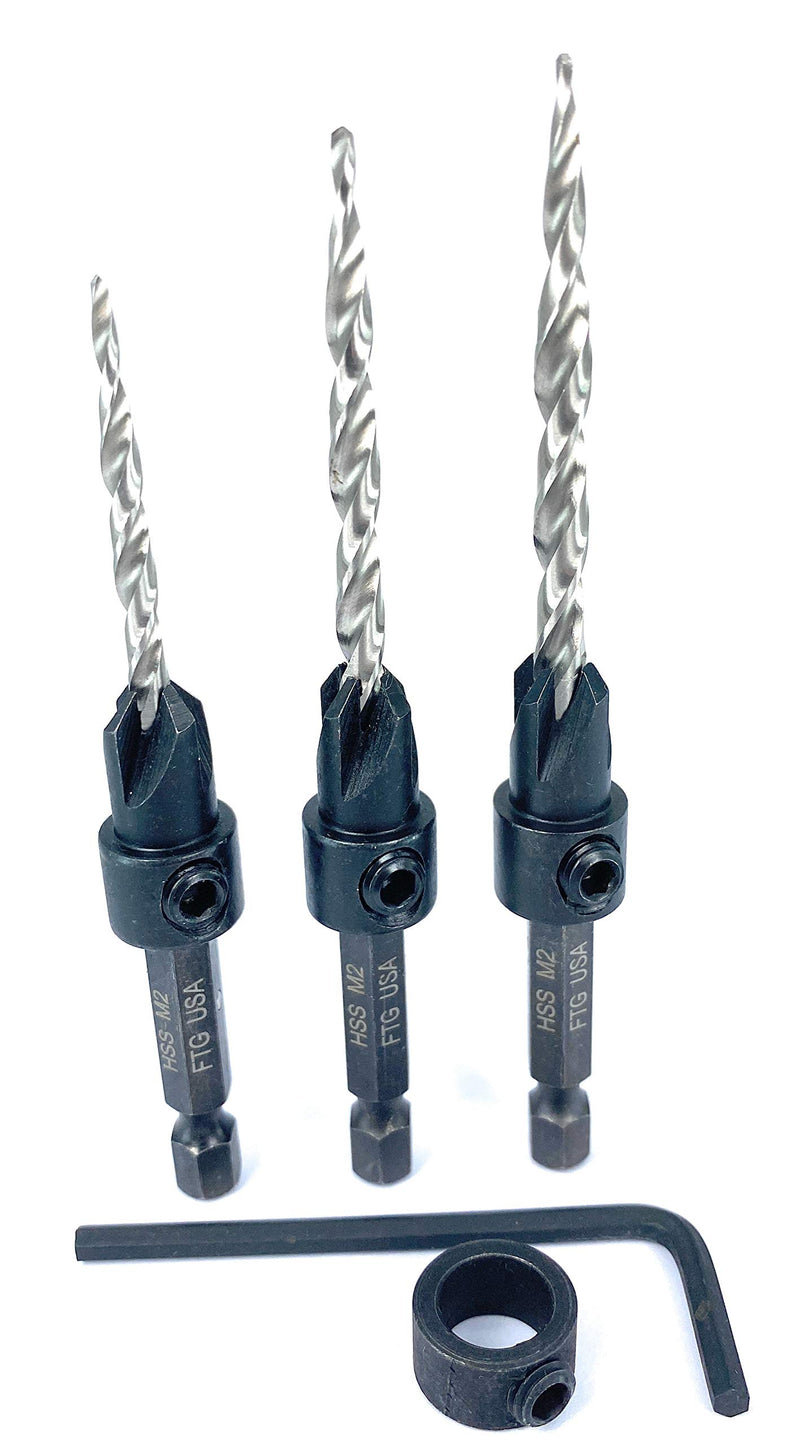 FTG USA Maximum Torque #6(9/64") #8(11/64") #10(3/16") Depth Adjustable Wood Countersink Drill Bit Set with Woodworking Tapered HSS Bits Secured with Pin - 1 Depth Stop Collar 3/8", and 1 Hex Wrench (1/8" Allen Key) - NewNest Australia