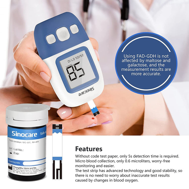 sinocare Diabetes Test Kit, Blood Glucose Monitor w/100 Strips, 5s Test Time Safe AQ Angel Blood Sugar Monitor 200 Memory Capacity, Painless Lancing Glucose Meter - mmol/L - NewNest Australia