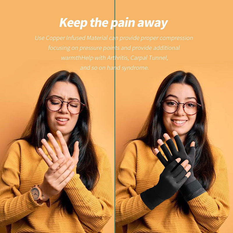 Copper Compression Arthritis Gloves with Strap, Best Copper Infused Glove for Women and Men, Fingerless Glove Hand Wrist Support for Carpal Tunnel, Arthritis, RSI, Tendonitis, 1 Pair, Black (S) S - NewNest Australia