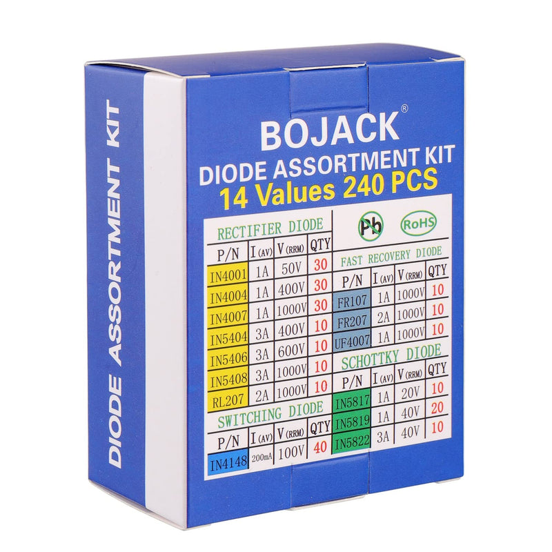 BOJACK 14 Value 240 pcs Diode Assortment Kit Contain Rectifier/Fast Recovery/Schottky/Switching Diode 1N4001 1N4004 1N4007 1N5404 1N5406 1N5408 RL207 FR107 FR207 UF4007 1N5817 1N5819 1N5822 1N4148 - NewNest Australia