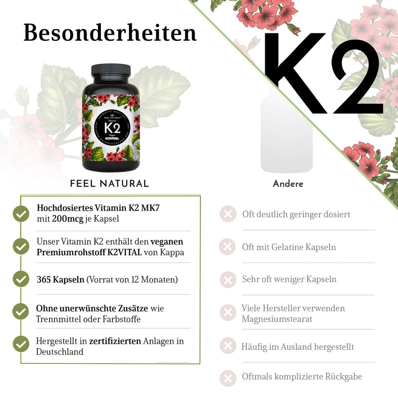 Vitamin K2 MK7-365 capsules - 200µg per capsule - top raw material K2VITAL® with 99.7% All-Trans-MK7 - high dosage, vegan, without additives such as magnesium stearate - laboratory tested, produced in Germany - NewNest Australia