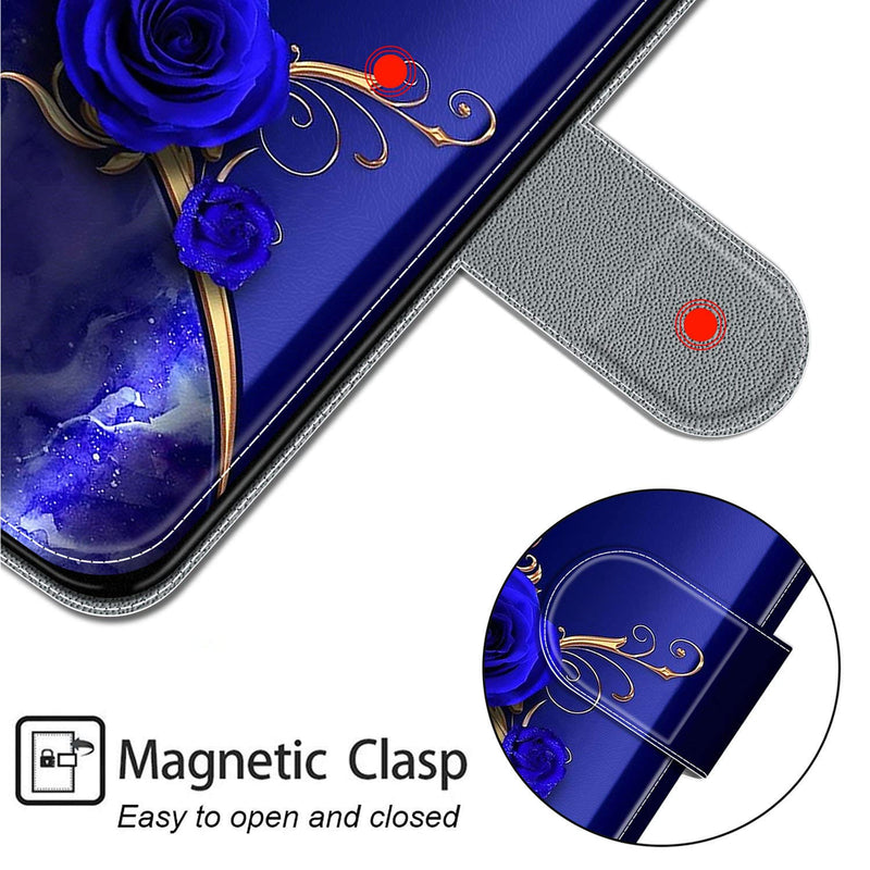 Everainy Compatible With Honor 90 Case Silicone Leather Flip Case Cover Wallet Card Slot Kickstand Pattern Motif Foldable Magnetic Cases Bumper Mobile Phone Case (Blue Rose) - NewNest Australia